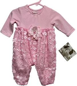 NWT Cachcach Long Sleeve Pink Romper with Appliquéd Flowers, 6 mos. - Picture 1 of 3