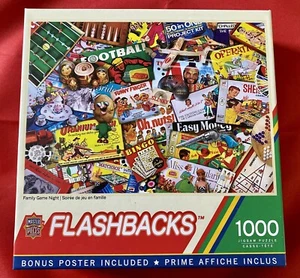 Flashbacks FAMILY GAME NIGHT 1000 Piece Jigsaw Puzzle 20" x 27" MasterPieces - Picture 1 of 5
