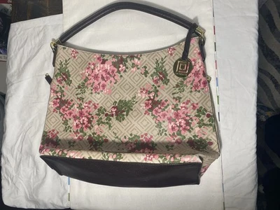 Liz Claiborne 花卉单肩包粉色花朵印花大号手提包棕色皮革饰边 — 第 1/4 张图片