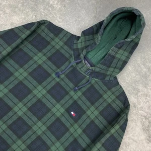 Vintage Tommy Hilfiger Hoodie Mens Size L Blue Green Plaid Y2K Pullover Skater - Picture 1 of 17