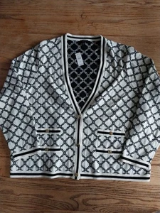 Nuevo con etiquetas Cárdigan Talbots Cuello en V 3 Botones Enrejado Jaquard Marfil/Negro Para Mujer Plus 2X - Imagen 1 de 9