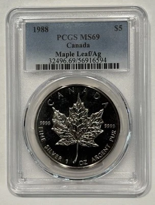 1988 Canada 5 Dollars Silver Maple Leaf MS69 PCGS Blue Label - Image 1 of 3