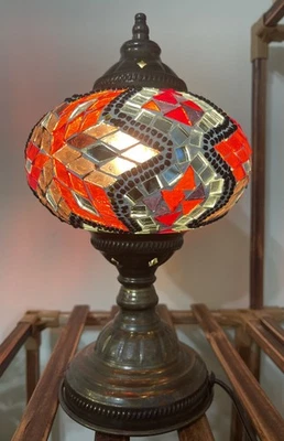 Vintage Turkish Mosaic Table Lamp Stained Glass Red White Brass Base - Image 1 of 4