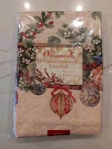 Christmas Tablecloth w Ornaments, Holly Greenery Edging w Lattice - 60" x 144" - Picture 1 of 4
