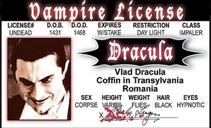 Dracula Vampire Drivers License 3.4” X  2.2” Laminated ID Card. - Picture 1 of 2
