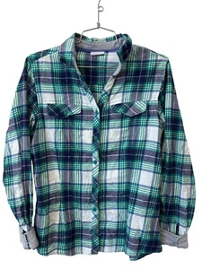 Columbia Plaid Flannel Button Front Shirt Size Medium Green Blue Preppy Western - Picture 1 of 6