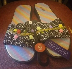 Babe's Rainbow Floral Black Women's Fashion Slides Slippers Size 9 (BRAND NEW) - Picture 1 of 7