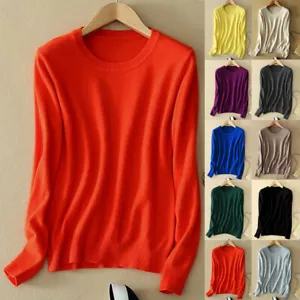 Women Cashmere Wool Knitted Sweater Long Sleeve Crewneck Jumper Pullover Tops - Picture 1 of 23