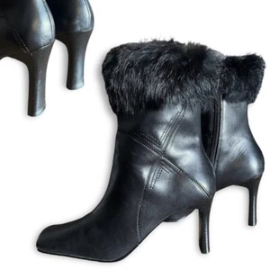 90s Y2K Vintage Square Toe Leather Ankle Boots Faux Fur Karen Scott High Heel - Bild 1 von 13