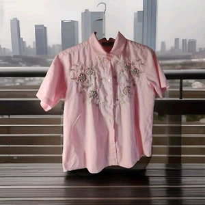 Vintage 80er Jane Ashley Top L rosa Knopf Kurzarm Perlen bestickt Baumwolle - Bild 1 von 10