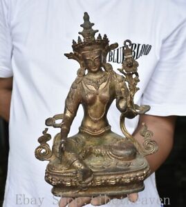 12.4" Rare Old Tibetan Copper Gilt  Green Tara enlightenment Goddess Statue