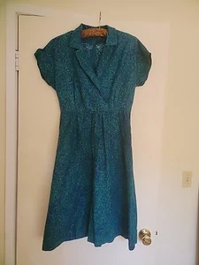 1950s Handmade Cotton Day Dress Sz 40/Med Fit Flare Green Blue - Picture 1 of 8