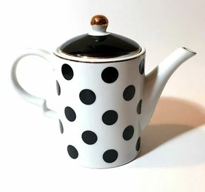 GRACES TEAWARE Coffee Tea Pot White Ceramic Navy Blue Polka Dot Gold Height 7 in - Picture 1 of 5