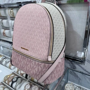 Michael Kors Rhea MD Zip Backpack Rose Powder Blush Multi - Picture 1 of 13