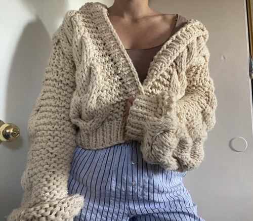 OFF WHITE Eighty Threads Chunky Cardigan Felpa con Cappuccio Uncinetto Pompom Cottagecore Maglia Crema M L