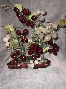 Traubenbaum Chinesische Jade Stein Obst Skulptur Bonsai Achat MCM mit Sockel Vintage - Bild 1 von 24
