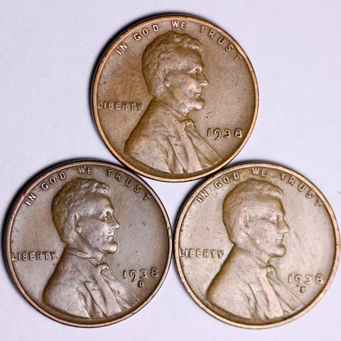 1938 + 1938-D + 1938-S  Lincoln Wheat Cents LOWEST PRICES ON THE BAY! FREE S/H Cover