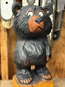 LiL' BLACK BEAR Chainsaw Carving 16" Tall RED CEDAR Wooden BEAR Cub Statue - Picture 1 of 8