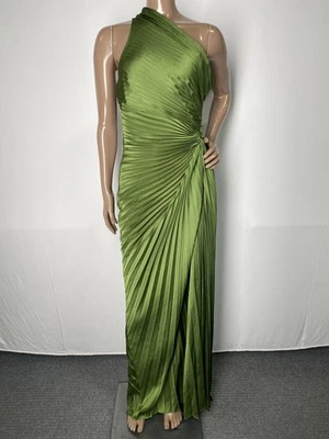 A.L.C. Womens Maxi Dress Green Size 2 Lara Satin Pleated Gown One Shoulder - Image 1 of 4