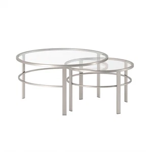 Set of Two 36" Clear and Silver Glass And Steel Round Nested Coffee Tables - Picture 1 of 12