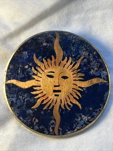 Vintage Taxco 925bd Copper Crushed Lapis Inlay Folk Art Bursting Sun Face Brooch - Picture 1 of 8