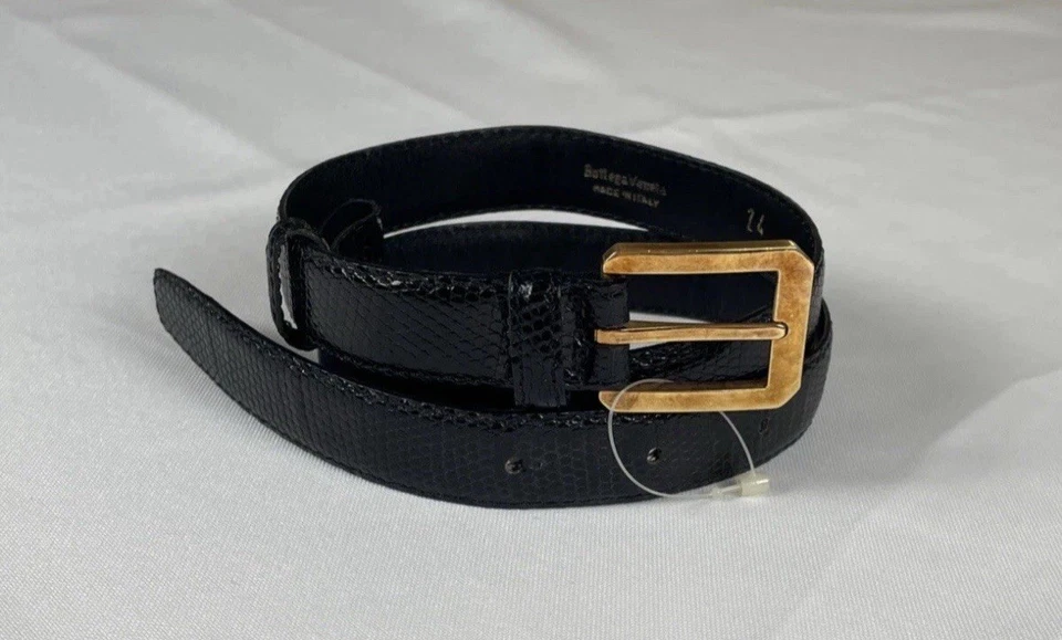 VTG Bottega Veneta Black Reptile Skin Dress Belt - Slim .75"  Size 24” XS - Image 1 of 4