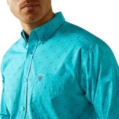 Ariat Men's Long Sleeve Millke Classic Fit Longhorn Print Button Shirt Turquoise - Image 1 of 4