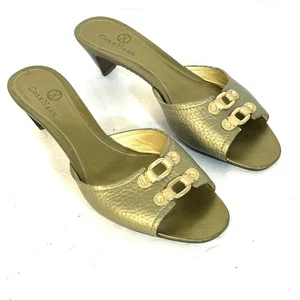 Sandalo donna Cole Haan tacco 7 gattino verde oliva metallizzato impilato slip on Y2K - Foto 1 di 13