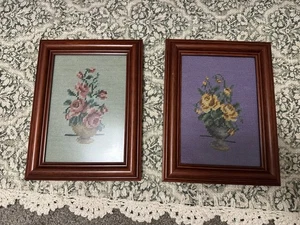 Vintage Needlepoint Wall Art Floral Rose FramedGlass Cottage Core 11x8.5” Pair - Picture 1 of 7