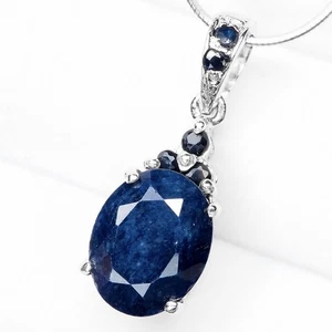 Estate Intense Blue Sapphire Oval Pendants 925 Sterling Silver White Gold Plated - Picture 1 of 8