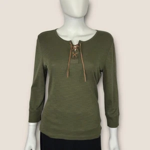 Chaps Olive Green Suede Lace-Up Blouse 100% Cotton Tee Shirt 3/4 Sleeves - Picture 1 of 5