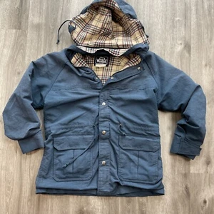 Vintage Woolrich Jacke Damen mittelblau durchgehender Reißverschluss Kapuze kariertes Futter - Bild 1 von 12