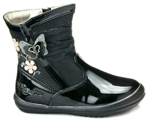 NEW BABY GIRLS INSULATED BLACK PATENT BOOTS WINTER WARM ZIP FLEECE SNOW SHOES UK - Picture 1 of 5