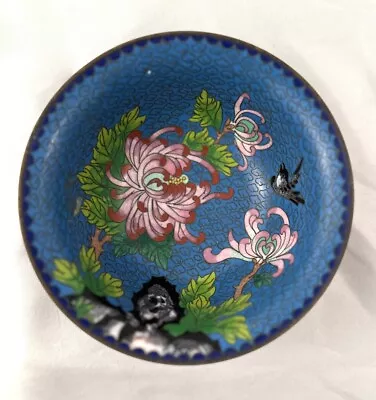 VTG Japanese Cloisonné Brass Bowl Pink Chrysanthemum 4” x 2 1/2” - Image 1 of 4