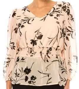 Zac & Rachel Smocked Waist Peplum Blouse Size L XL Black Floral on Pink NWT $48 - Picture 1 of 5