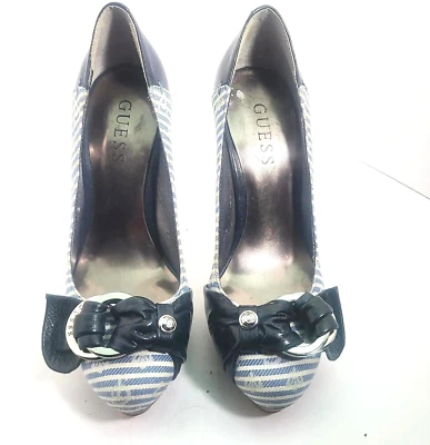 Zapatos de tacón de mezclilla GUESS para mujer 5 azules a rayas hebilla plataforma aguja pinup Foto 1 de 4