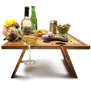 Tragbarer Wein Picknick Tisch Wein Tablett Faltbar Akazienholz Wurstwaren Brett - Bild 1 von 8
