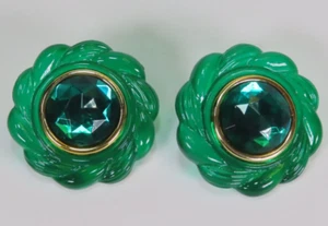 Vintage Statement Chunky Green Acrylic Plastic Flower Button Earrings 1.75" - Picture 1 of 5