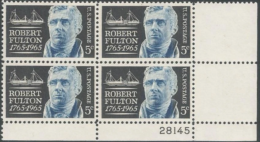 Plate Block of 4 stamps - Scott 1270 - 5 cent - Robert Fulton - 1965 - MNH - Image 1 of 1