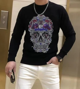 Neu Herren Luxus Diamant Totenkopf Strass Mode Strick Schwarz Pullover - Bild 1 von 8