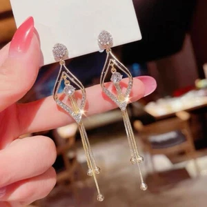 Luxury Crystal Geometric Tassel Earrings Drop Dangle Women Wedding Jewelry Gift - Picture 1 of 5