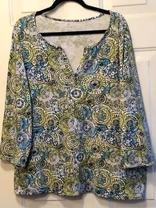 Kim Rogers Sz 3X Women's Knit Top 3/4 Sleeve Multicolor Floral Ornament Cotton - Picture 1 of 8