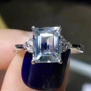 14k White Gold Natural Aquamarine and Diamonds Gemstone Women Engagement Ring - Picture 1 of 6