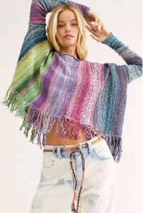 Free People Radiate Fringe Sweater Poncho Knit Cotton Blue Green Pink S M Exc - Picture 1 of 11