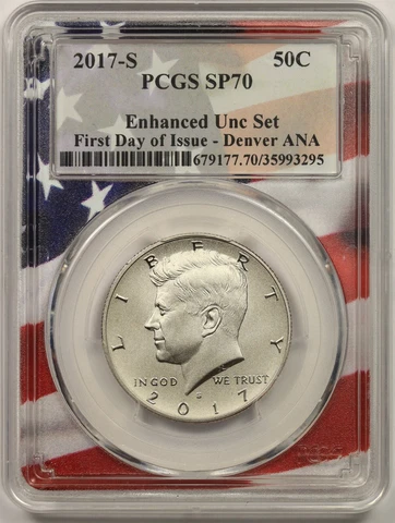 2017-S 50C PCGS SP70 (Enhanced Uncirculated) Kennedy Half Dollar FDOI Denver ANA Cover