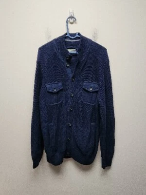 Cardigã suéter masculino John Bartlett Consensus malha algodão botão azul cotovelo L - Imagem 1 de 4