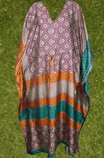 Womens Boho Purple Gray Print Caftan Coverup Comfy Recycle Sari Caftan One Size