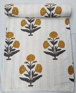 Indian Hand Blockhand made Cotton Kantha Quilt Print King Size Blanket Bedspread - Picture 1 of 12