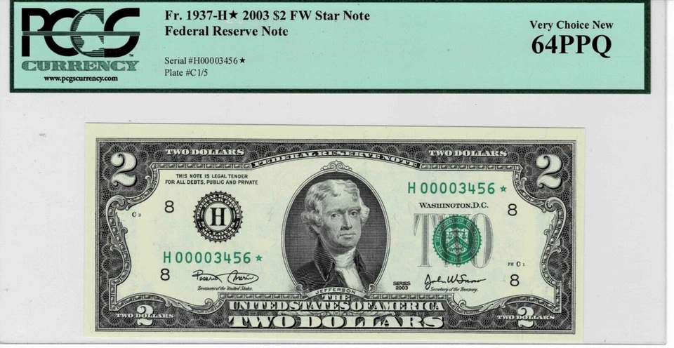 2003 $2 Federal Reserve *STAR*note-fr.1937-H*-- PCGS 64 PPQ--Ladder Serial# - Image 1 of 4