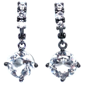 925 Plata de Ley 8Mm. Topacio Blanco & Circonita Pendientes Oro Negro Revestido - Imagen 1 de 4